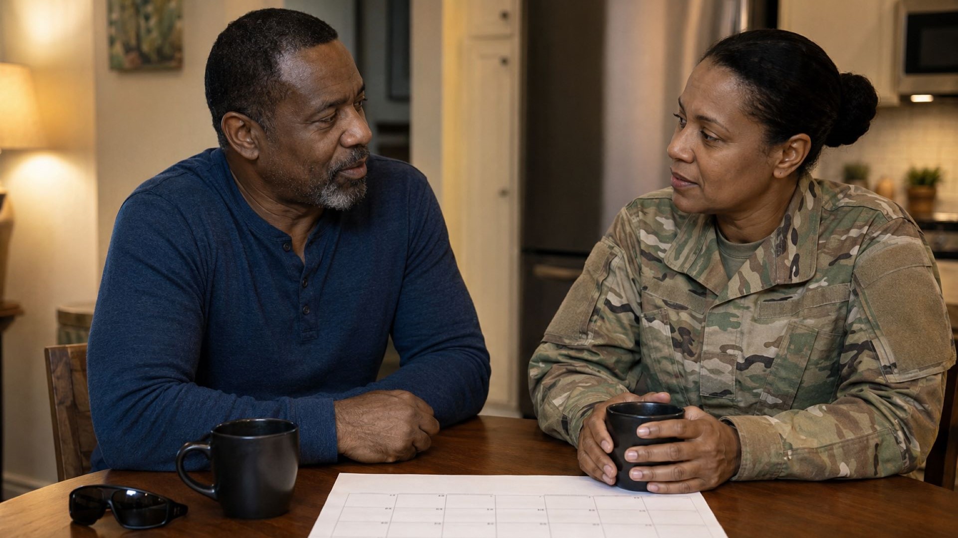 A military couple listens to each other during a calm planning conversation at their kitchen table.