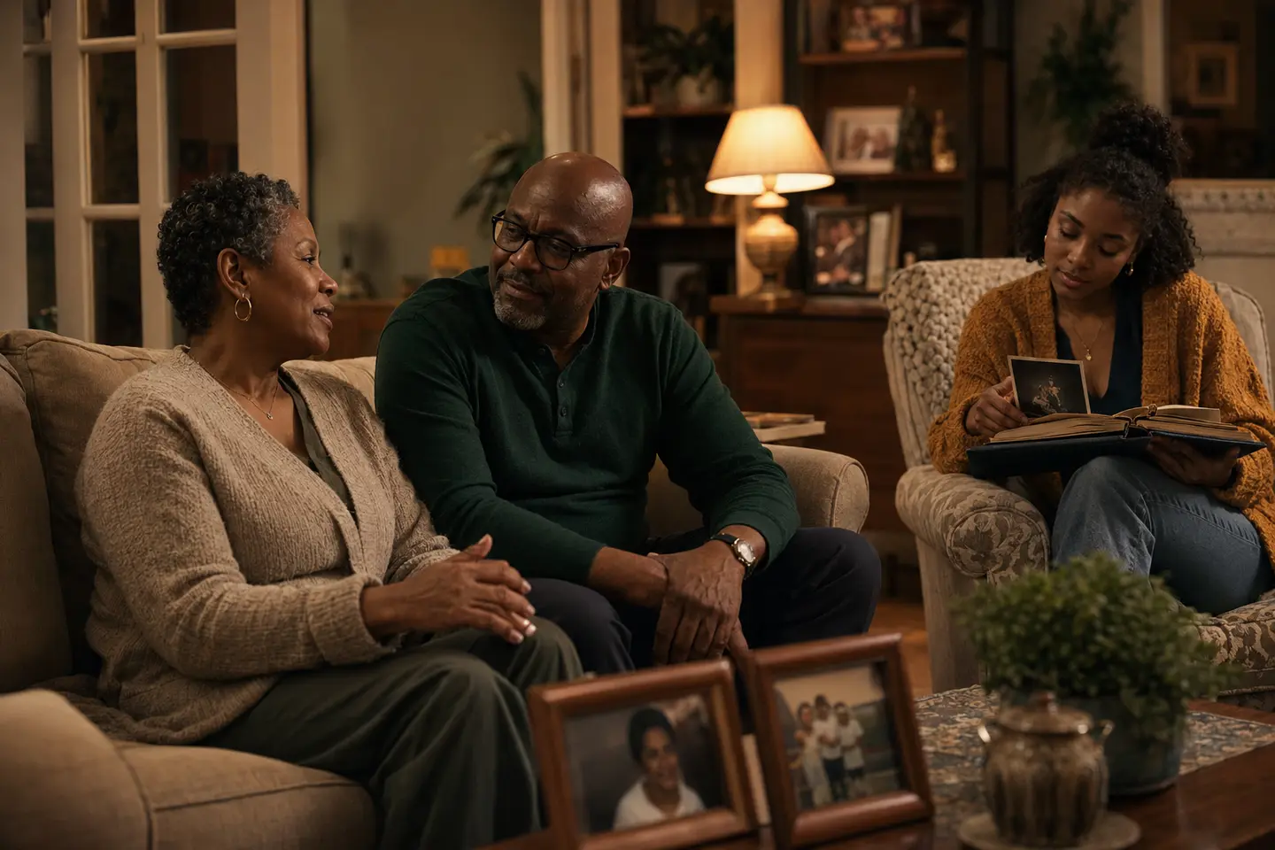 A family shares quiet conversation and memories in a warm, emotionally safe home.