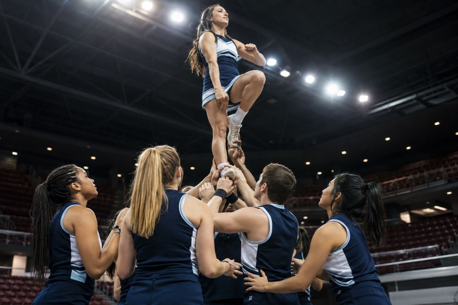 A diverse cheer team.s base athletes work together to lift and protect a teammate during a pyramid.